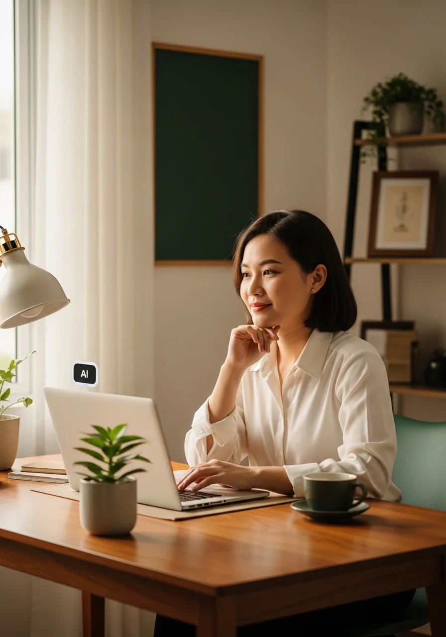 Người học ngồi làm việc cùng trợ lý AI trên laptop, không gian ấm cúng